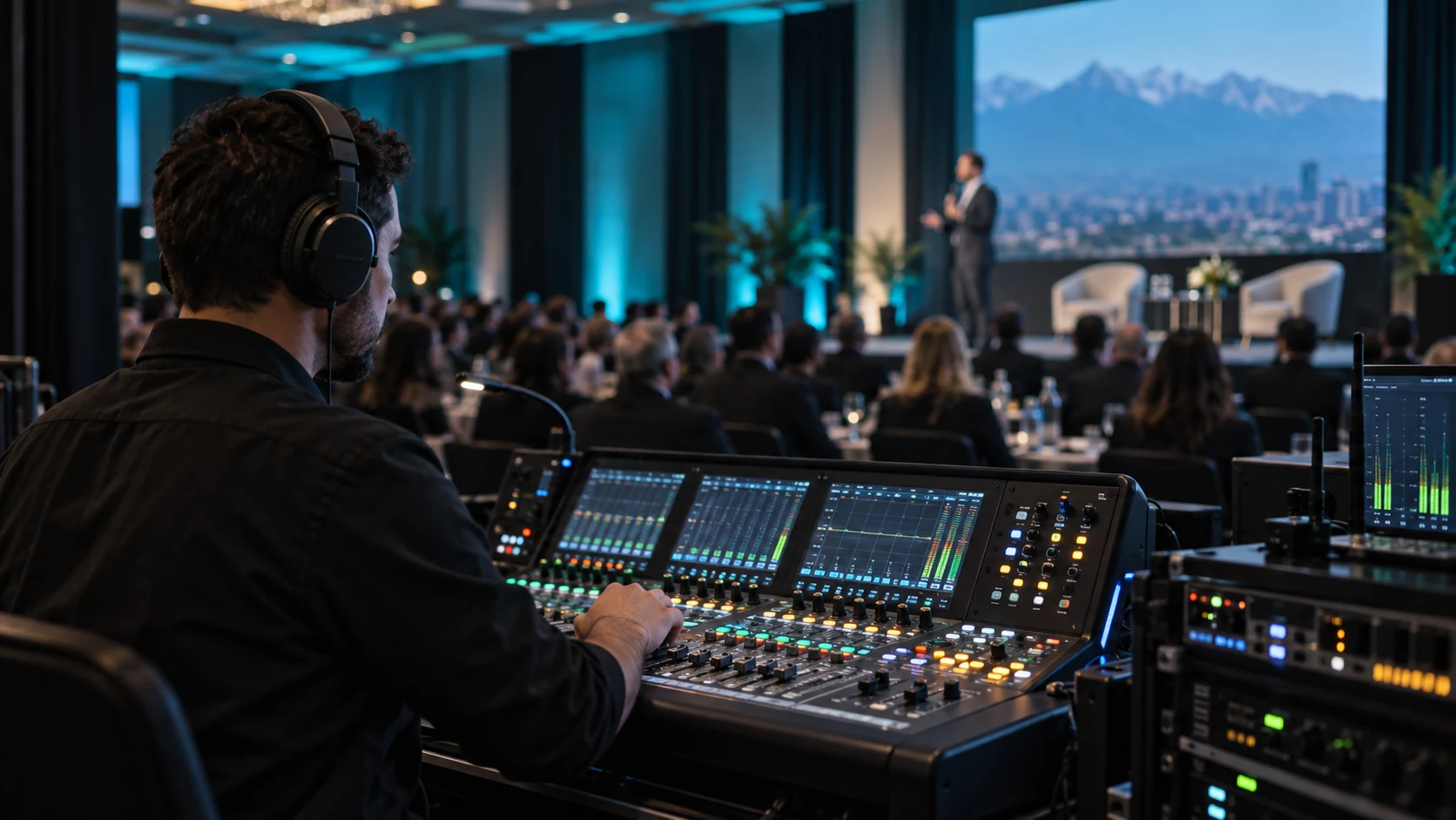 Técnico de sonido operando una consola durante un evento corporativo