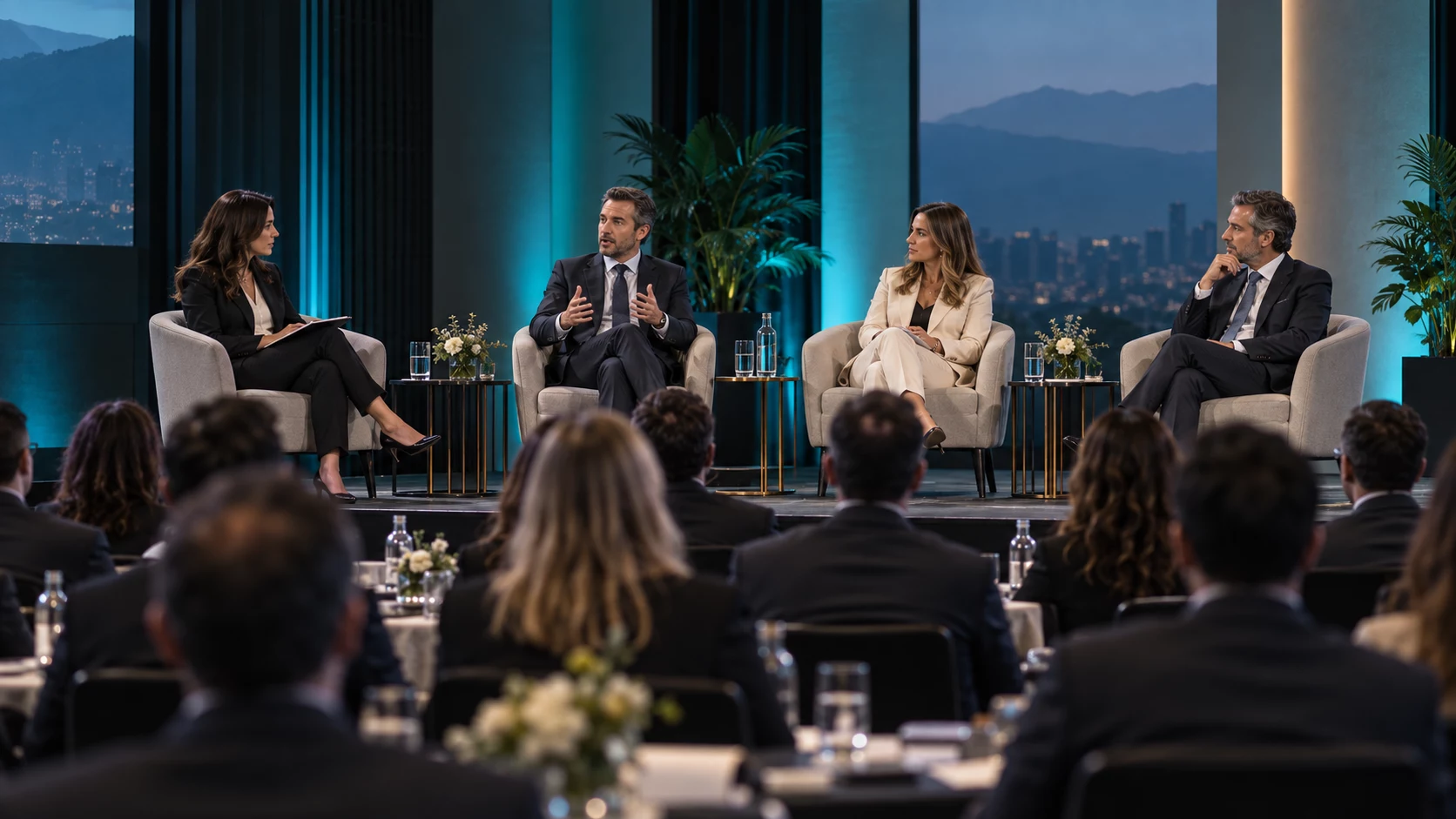Panel de conversación con moderador y participantes frente a una audiencia