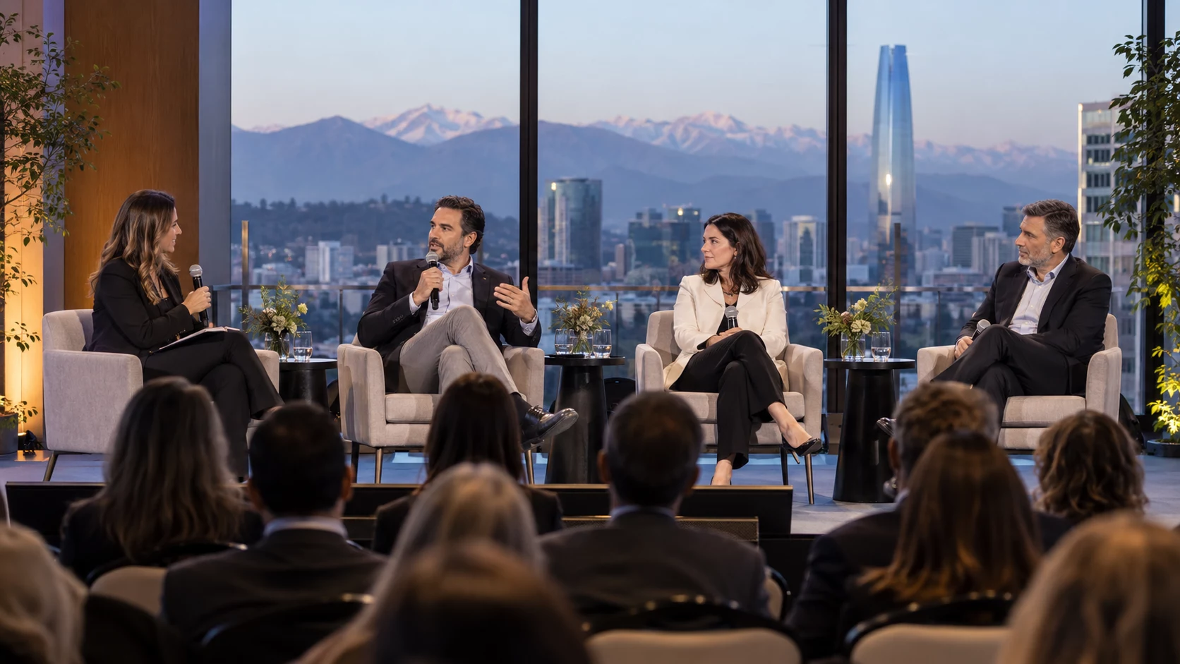 Panel corporativo con moderador y panelistas frente a una audiencia en Santiago