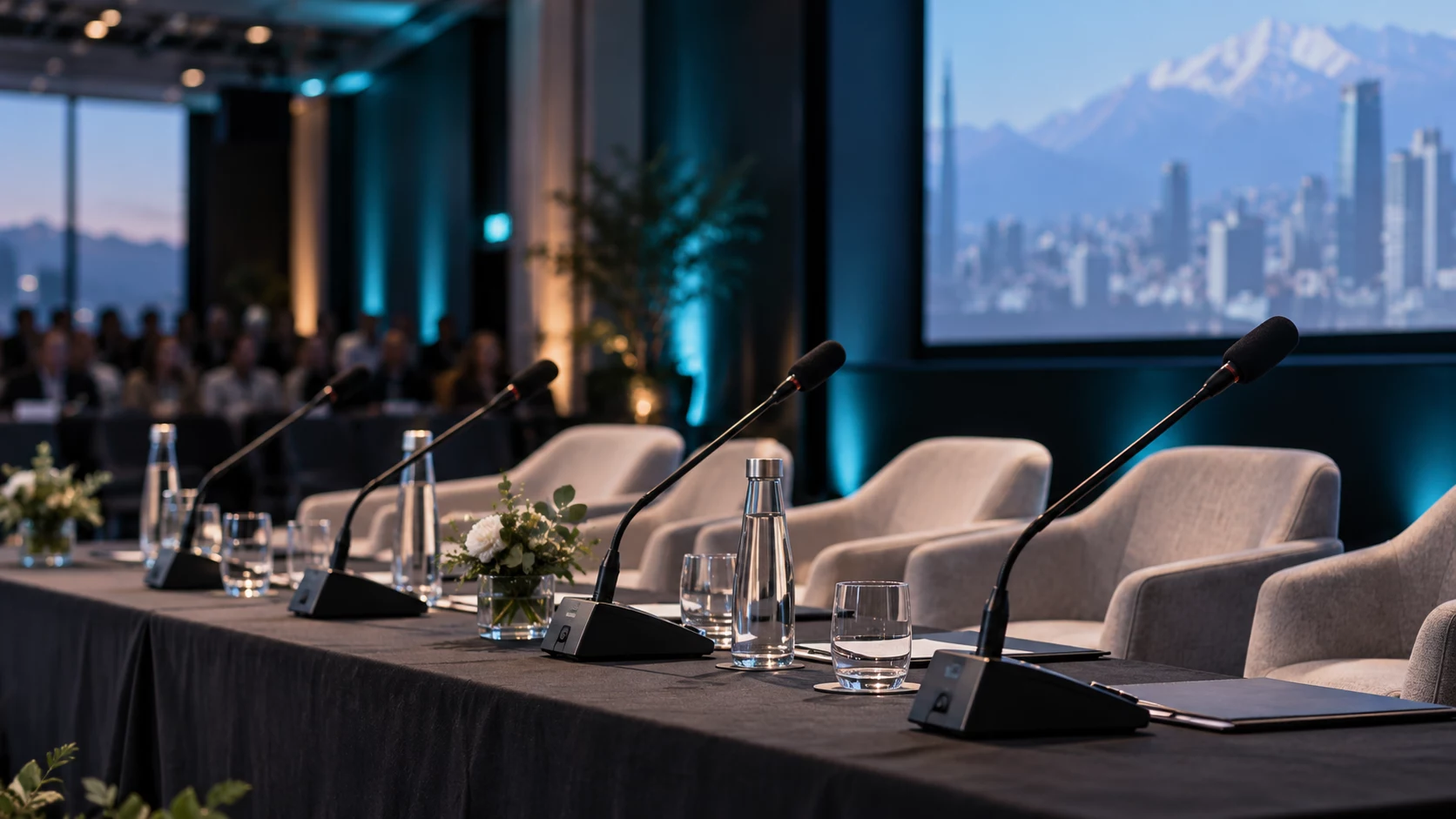 Panelistas con micrófonos en un conversatorio corporativo