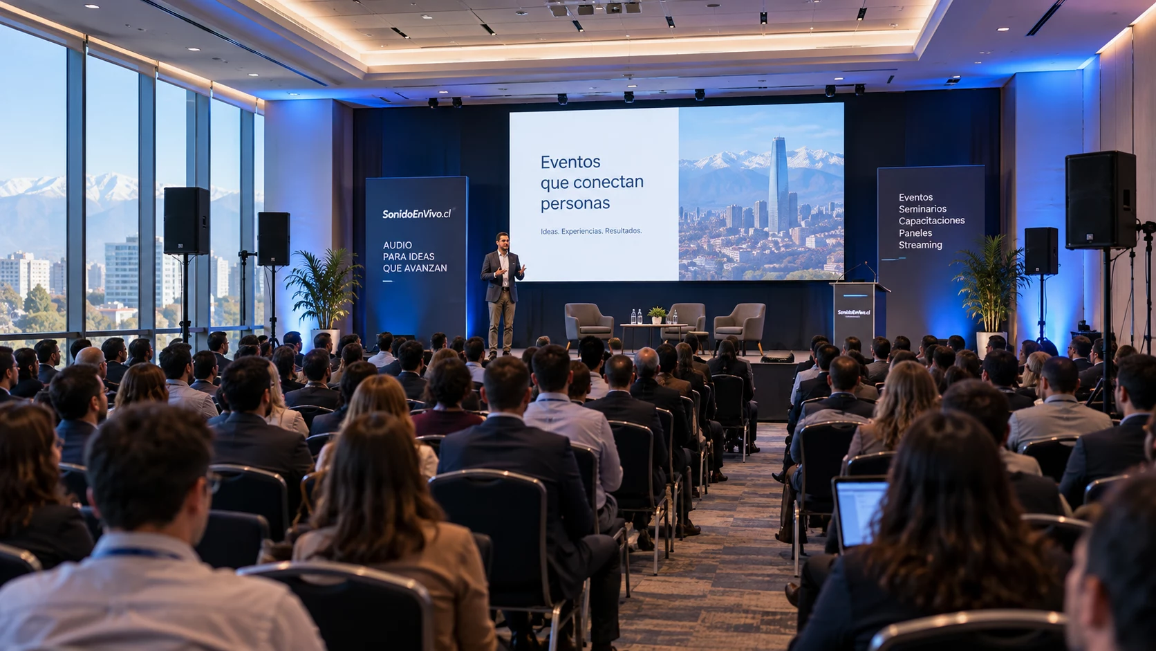 Sistema de parlantes en un evento corporativo