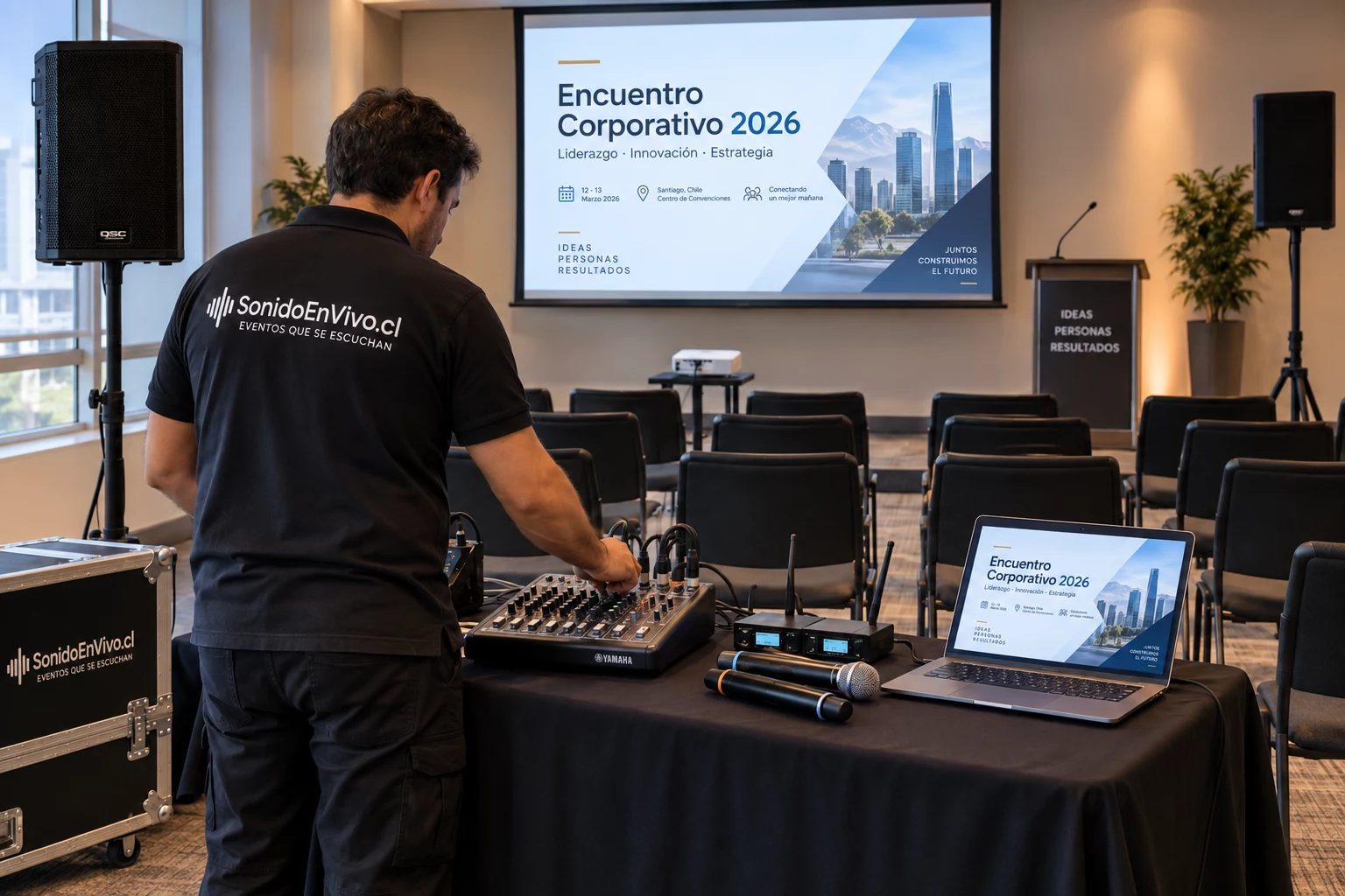 Técnico operando el sistema de sonido durante un evento