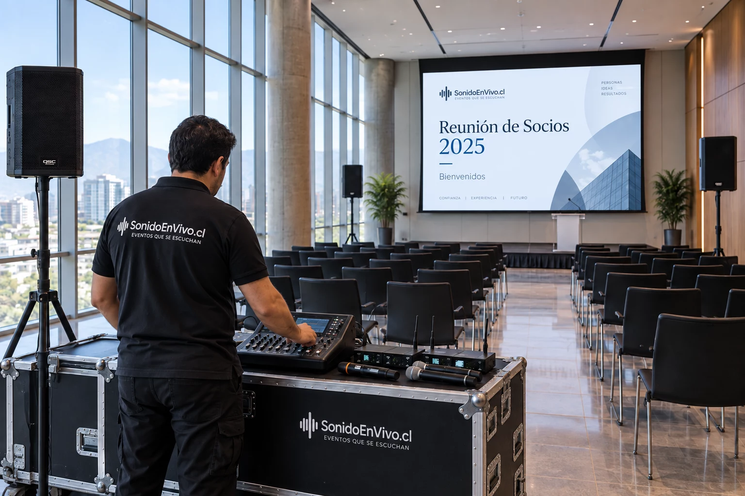 Técnico ajustando el sonido en una sala corporativa con reverberación
