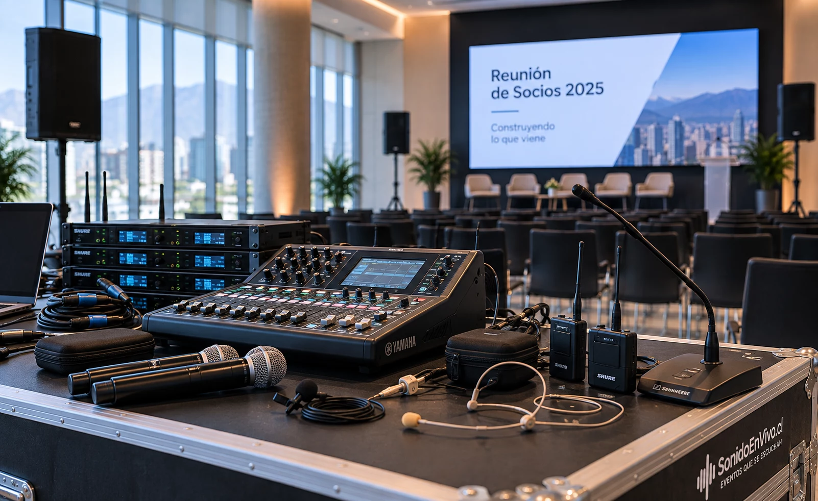 Equipamiento de audio preparado para un evento corporativo con consola, micrófonos y sistemas inalámbricos