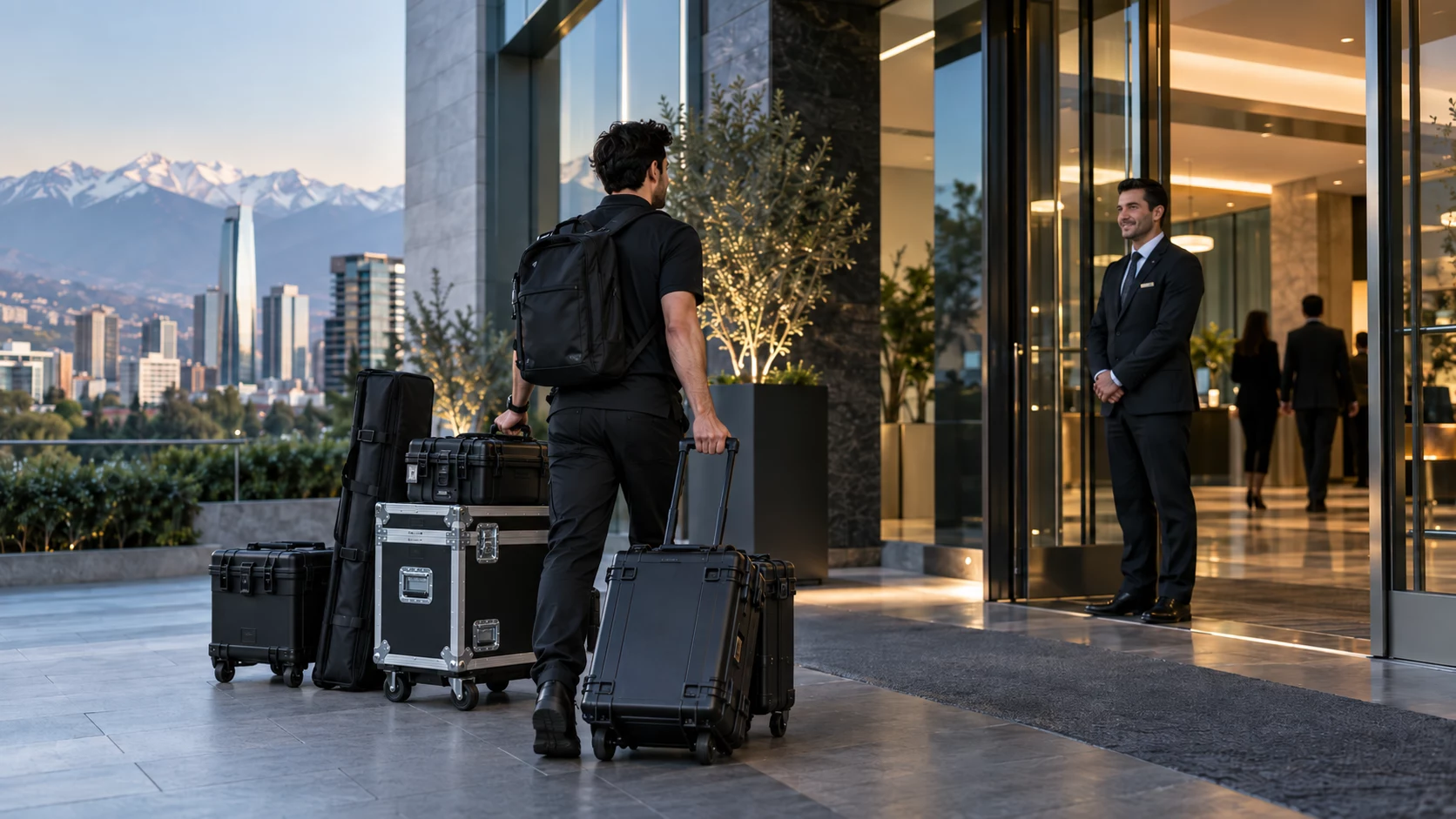 Técnico audiovisual llegando con equipamiento a un recinto corporativo en Santiago